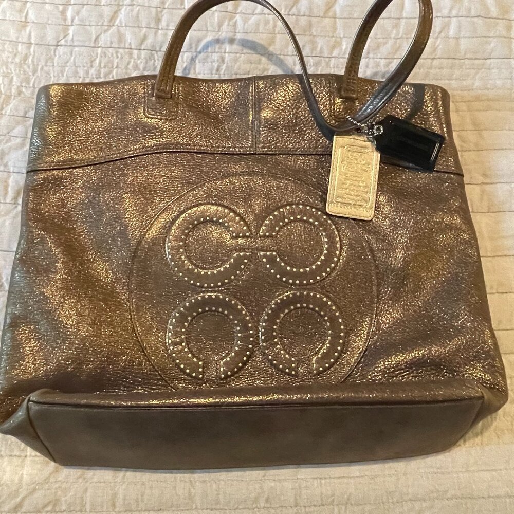 Coach Julia gold metallic logo leather tote